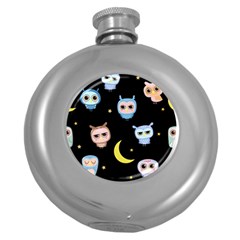 Cute-owl-doodles-with-moon-star-seamless-pattern Round Hip Flask (5 Oz) by Salman4z