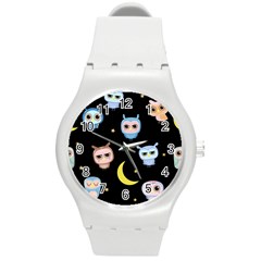 Cute-owl-doodles-with-moon-star-seamless-pattern Round Plastic Sport Watch (m) by Salman4z