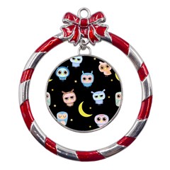 Cute-owl-doodles-with-moon-star-seamless-pattern Metal Red Ribbon Round Ornament by Salman4z