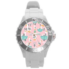 Cute-happy-duck-gift-card-design-seamless-pattern-template Round Plastic Sport Watch (l) by Salman4z