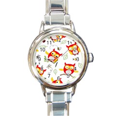 Seamless-pattern-vector-owl-cartoon-with-bugs Round Italian Charm Watch by Salman4z