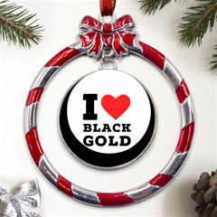 I Love Black Gold Metal Red Ribbon Round Ornament