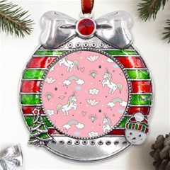 Cute-unicorn-seamless-pattern Metal X mas Ribbon With Red Crystal Round Ornament