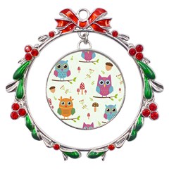 Forest-seamless-pattern-with-cute-owls Metal X mas Wreath Ribbon Ornament by Salman4z