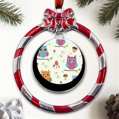 Forest-seamless-pattern-with-cute-owls Metal Red Ribbon Round Ornament by Salman4z