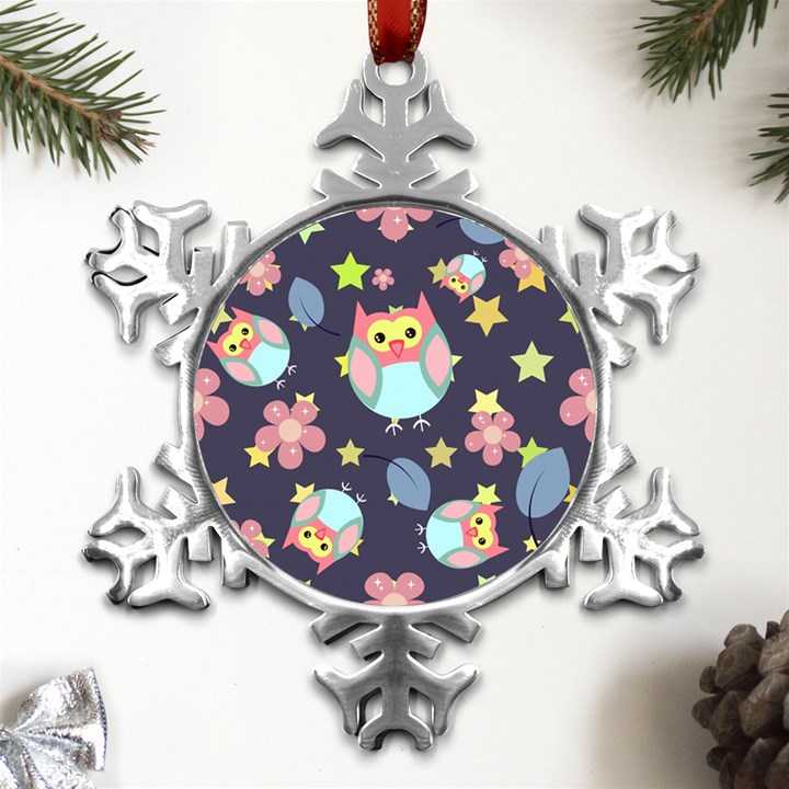 Owl-stars-pattern-background Metal Small Snowflake Ornament