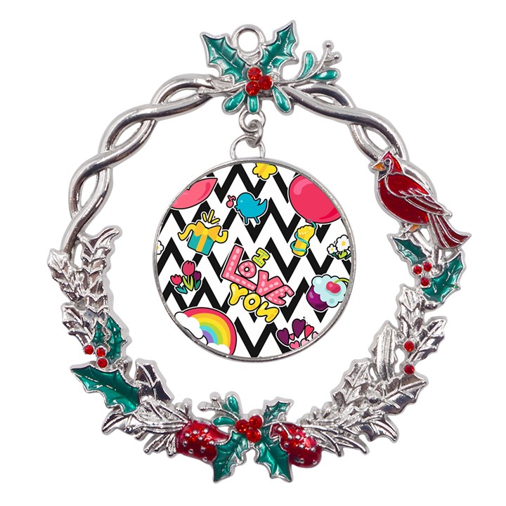 Vector-romantic-love-seamless-pattern Metal X mas Wreath Holly leaf Ornament