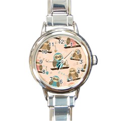 Seamless-pattern-owls-dream-cute-style-pajama-fabric Round Italian Charm Watch by Salman4z