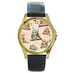 Seamless-pattern-owls-dream-cute-style-pajama-fabric Round Gold Metal Watch by Salman4z