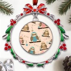 Seamless-pattern-owls-dream-cute-style-pajama-fabric Metal X mas Wreath Ribbon Ornament by Salman4z