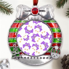 Purple-owl-pattern-background Metal X mas Ribbon With Red Crystal Round Ornament by Salman4z