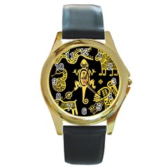 Mexican-culture-golden-tribal-icons Round Gold Metal Watch by Salman4z