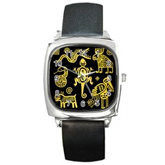 Mexican-culture-golden-tribal-icons Square Metal Watch by Salman4z