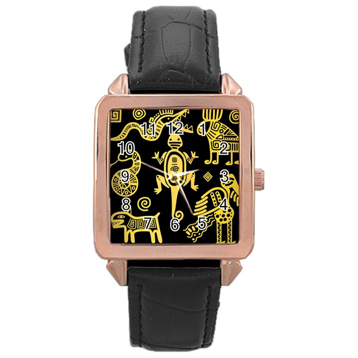 Mexican-culture-golden-tribal-icons Rose Gold Leather Watch 