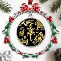 Mexican-culture-golden-tribal-icons Metal X mas Wreath Ribbon Ornament