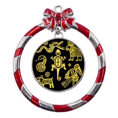 Mexican-culture-golden-tribal-icons Metal Red Ribbon Round Ornament by Salman4z