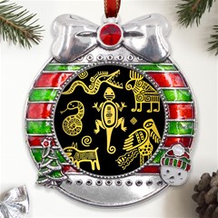 Mexican-culture-golden-tribal-icons Metal X mas Ribbon With Red Crystal Round Ornament