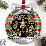 Mexican-culture-golden-tribal-icons Metal X Mas Ribbon With Red Crystal Round Ornament Front