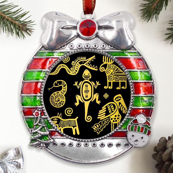 Mexican-culture-golden-tribal-icons Metal X Mas Ribbon With Red Crystal Round Ornament