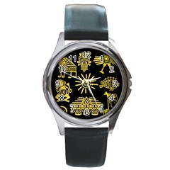 Maya-style-gold-linear-totem-icons Round Metal Watch by Salman4z