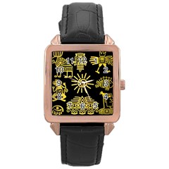 Maya-style-gold-linear-totem-icons Rose Gold Leather Watch  by Salman4z