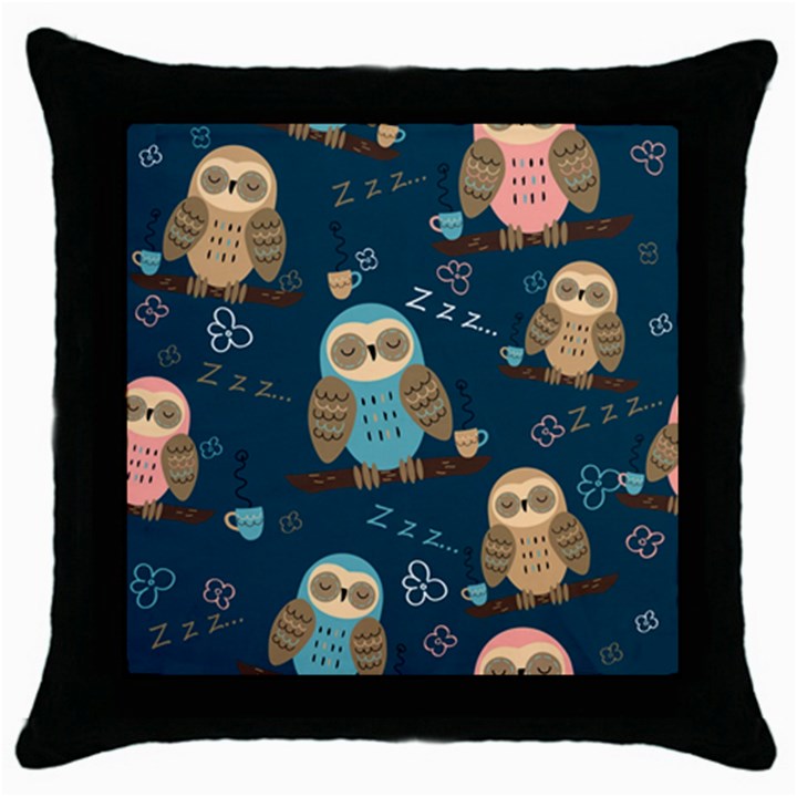 Seamless-pattern-owls-dreaming Throw Pillow Case (Black)