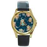 Seamless-pattern-owls-dreaming Round Gold Metal Watch Front