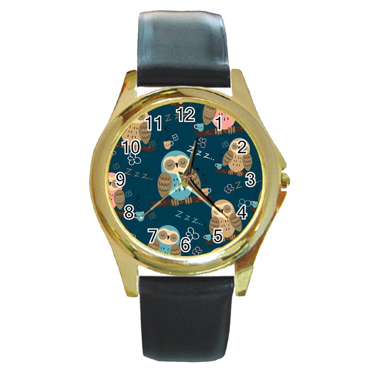 Seamless-pattern-owls-dreaming Round Gold Metal Watch