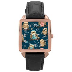 Seamless-pattern-owls-dreaming Rose Gold Leather Watch 