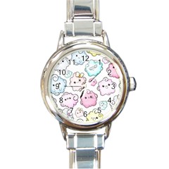 Cute-doodle-cartoon-seamless-pattern Round Italian Charm Watch by Salman4z