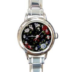 Floral-folk-fashion-ornamental-embroidery-pattern Round Italian Charm Watch by Salman4z