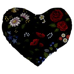 Floral-folk-fashion-ornamental-embroidery-pattern Large 19  Premium Heart Shape Cushions by Salman4z