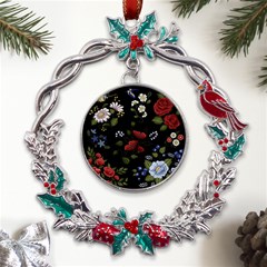 Floral-folk-fashion-ornamental-embroidery-pattern Metal X mas Wreath Holly Leaf Ornament by Salman4z