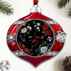 Floral-folk-fashion-ornamental-embroidery-pattern Metal Snowflake And Bell Red Ornament