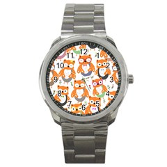 Cute-colorful-owl-cartoon-seamless-pattern Sport Metal Watch by Salman4z