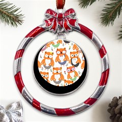 Cute-colorful-owl-cartoon-seamless-pattern Metal Red Ribbon Round Ornament by Salman4z