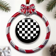 Chess-board-background-design Metal Red Ribbon Round Ornament