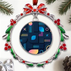 Gradient Geometric Shapes Dark Background Metal X mas Wreath Ribbon Ornament by Salman4z