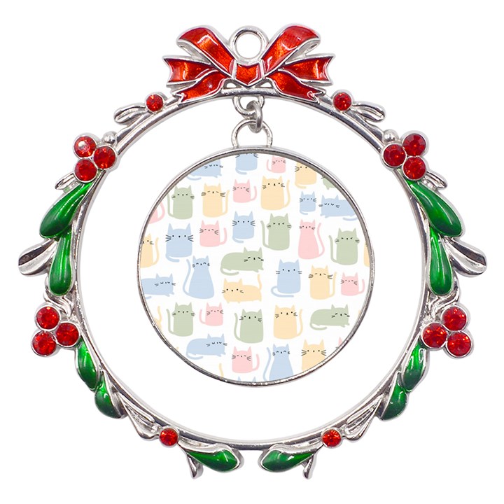 Cute-cat-colorful-cartoon-doodle-seamless-pattern Metal X mas Wreath Ribbon Ornament