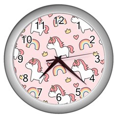 Cute-unicorn-rainbow-seamless-pattern-background Wall Clock (silver) by Salman4z