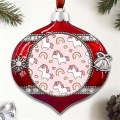 Cute-unicorn-rainbow-seamless-pattern-background Metal Snowflake And Bell Red Ornament