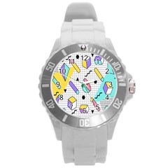 Tridimensional-pastel-shapes-background-memphis-style Round Plastic Sport Watch (l) by Salman4z