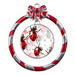 Ladybugs-pattern-texture-watercolor Metal Red Ribbon Round Ornament by Salman4z