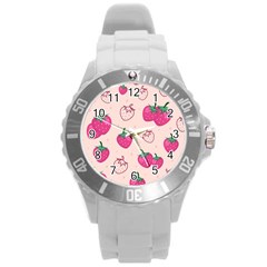 Seamless-strawberry-fruit-pattern-background Round Plastic Sport Watch (l) by Salman4z