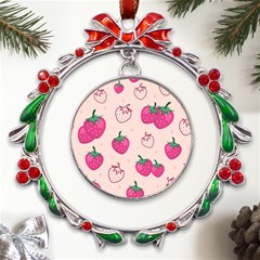 Seamless-strawberry-fruit-pattern-background Metal X mas Wreath Ribbon Ornament