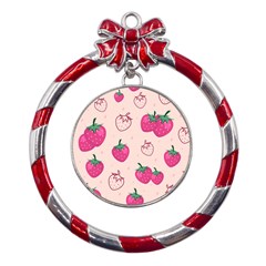 Seamless-strawberry-fruit-pattern-background Metal Red Ribbon Round Ornament by Salman4z