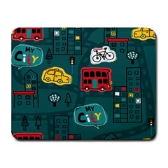 Seamless-pattern-hand-drawn-with-vehicles-buildings-road Small Mousepad by Salman4z