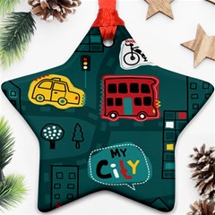 Seamless-pattern-hand-drawn-with-vehicles-buildings-road Ornament (star)