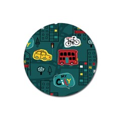 Seamless-pattern-hand-drawn-with-vehicles-buildings-road Magnet 3  (round) by Salman4z