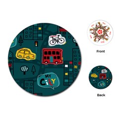 Seamless-pattern-hand-drawn-with-vehicles-buildings-road Playing Cards Single Design (round)